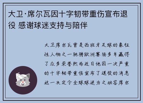 大卫·席尔瓦因十字韧带重伤宣布退役 感谢球迷支持与陪伴