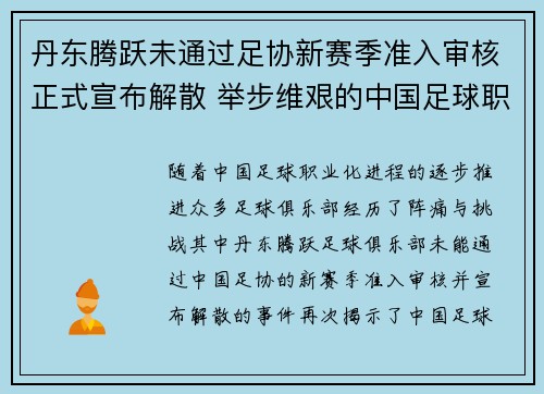 丹东腾跃未通过足协新赛季准入审核正式宣布解散 举步维艰的中国足球职业化困境再现